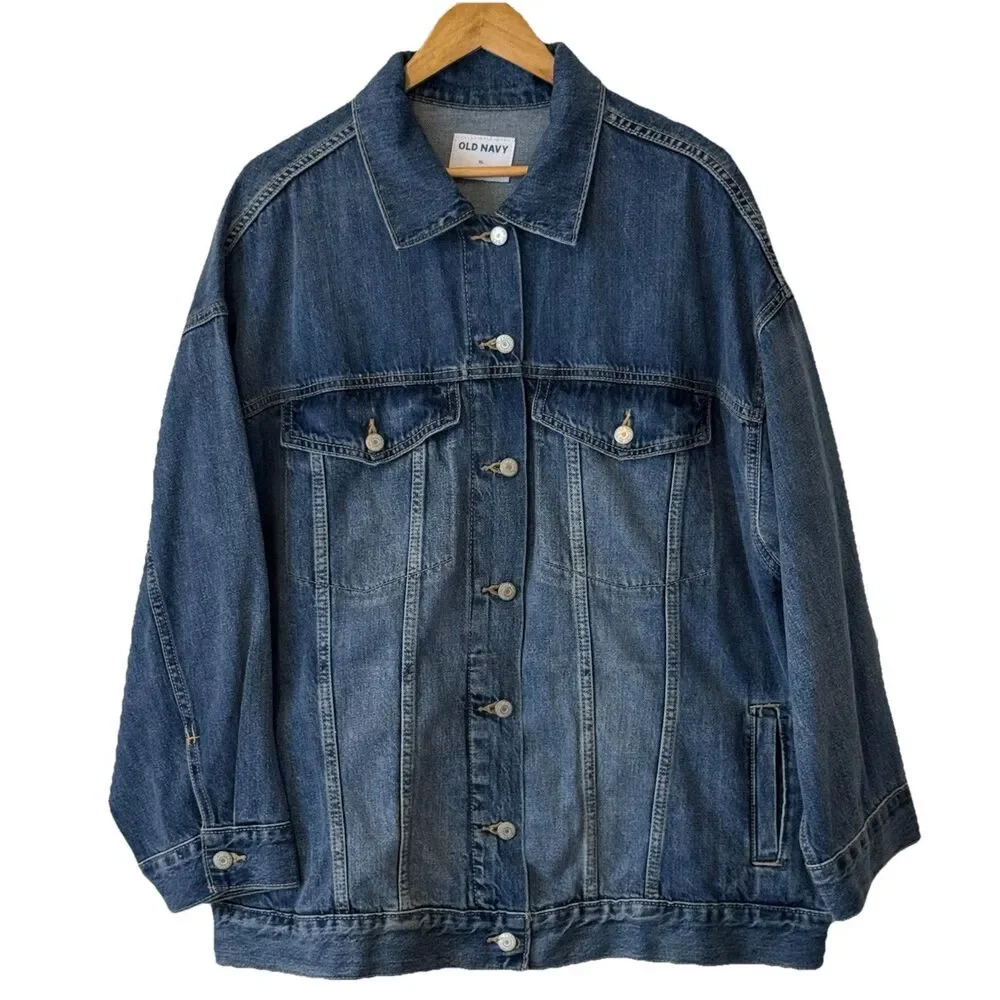 Old Navy Oversized Jean Trucker Jacket Denim Blue Medium Wash Size XL NWOT